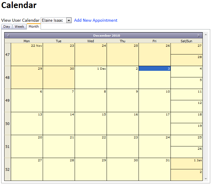 An example of the user calendar with the day, week and month tabs. An example of the user calendar with the day, week and month tabs.
